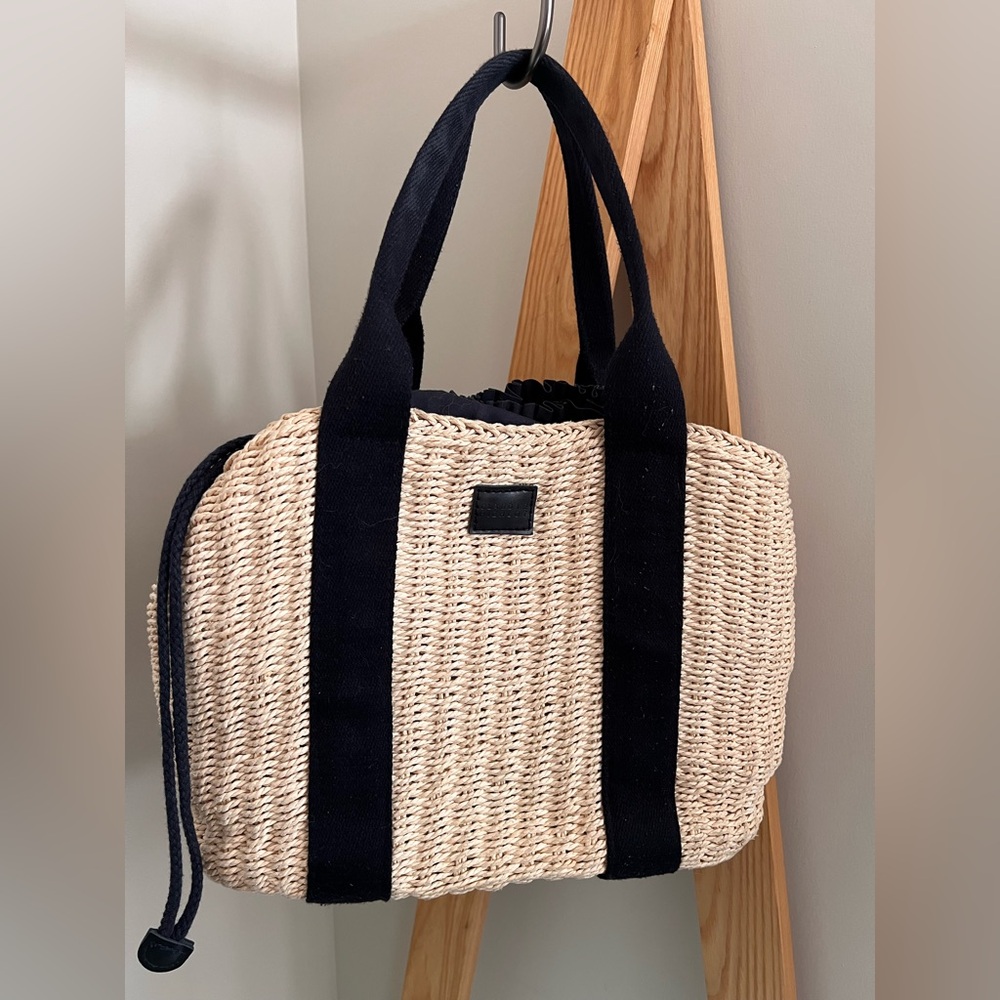 Claudie Pierlot Paris woven raffia basket purse navy accents straps small